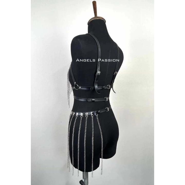 Zincirli Harness Takım, Deri Zincirli Etek Takım - Brf496