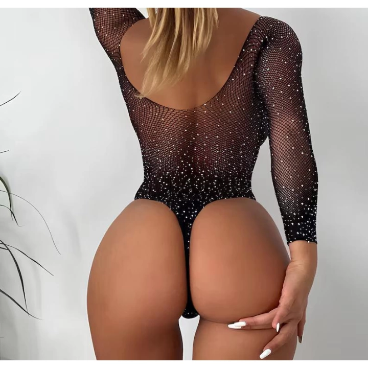 Özel Tasarım Siyah Taşlı Fantezi Body Vücut Çorabı