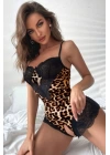 Beruflic Siyah Dantel Ve Leopar Desenli  Şık Tasarım Babydoll Gecelik 66080