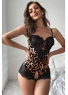 Beruflic Siyah Dantel Ve Leopar Desenli  Şık Tasarım Babydoll Gecelik 66080