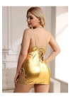 Kadın Seksi Gold Lame Deri Fantezi Erotik Kostüm Elbise