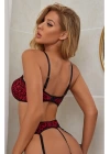 Kadın Seksi Kırmızı Leopar Desen Zincirli Jartiyer Takım + Çorap Hediyeli Çeyiz Gecelik