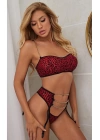 Kadın Seksi Kırmızı Leopar Desen Zincirli Jartiyer Takım + Çorap Hediyeli Çeyiz Gecelik