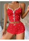 Kırmızı Üstüne Beyaz Kalp Desenli Askılı Şortlu Pijama Takımı
