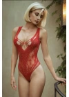 Özel Tasarım Kırmızı Taşlı Fantezi Body Vücut Çorabı