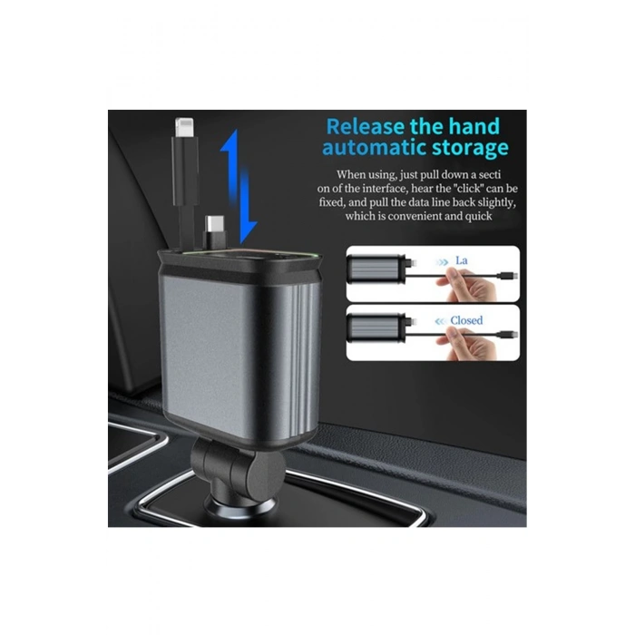 4ü 1 arada Çift USB Bağlantı Çakmaklık, Type-C Hızlı Şarjlı 66W,Geri Çekilebilir Araç Telefon Şarj Cihazı