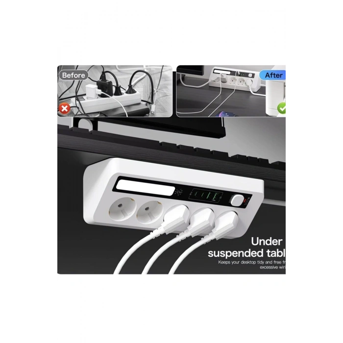 5’li Akım Korumalı Priz 2500W | 2 USB + 2 Type-C Hızlı Şarj | LED Gece Lambalı | Dokunmatik Anahtarlı siyah
