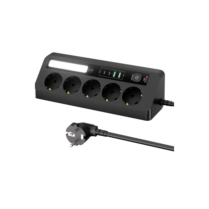 5’li Akım Korumalı Priz 2500W | 2 USB + 2 Type-C Hızlı Şarj | LED Gece Lambalı | Dokunmatik Anahtarlı siyah