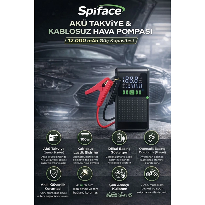 C228 Şarjlı 12.000 mAh Taşınabilir Çantalı Araç Akü Şarj Takviyeli Işıklı Hava Kompresörü