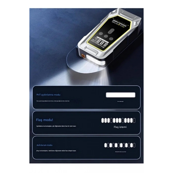 Tank Model Şarjlı 12.000 mAh Taşınabilir Çanta Araç Akü Takviye Cihazı Işıklı Hava Kompresörü