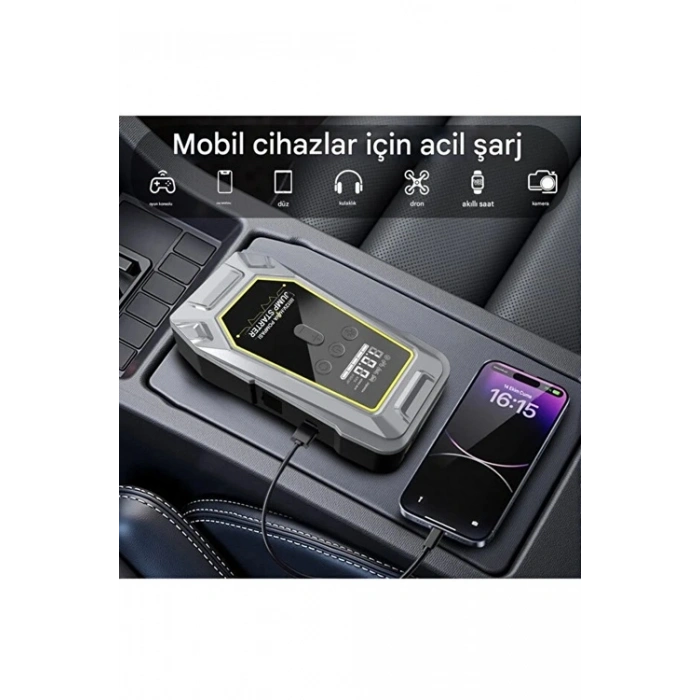 Tank Model Şarjlı 12.000 mAh Taşınabilir Çanta Araç Akü Takviye Cihazı Işıklı Hava Kompresörü