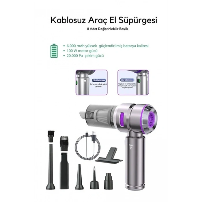 Üflemeli Şarjlı Araç Mini EL Süpürgesi 20.000 PA Emiş Güçlü 4İN1 Araba Süpürgesi HL-121