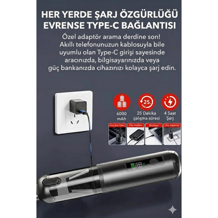 Araç Süpürgesi Şarjlı 120W 20.000Pa Göstergeli Yeni Nesil Metal Filtre Extra Vakum ve Üfleme