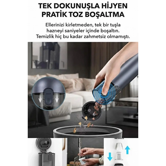 Araç Süpürgesi Şarjlı 120W 20.000Pa Göstergeli Yeni Nesil Metal Filtre Extra Vakum ve Üfleme
