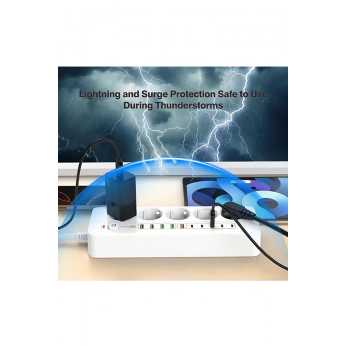 3500W Akım Korumalı 5’li Grup Priz: 5x USB + 5x Type-C Çıkışlı (2 Metre)