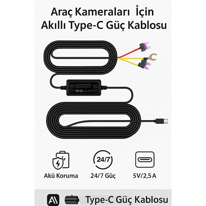 Park Modu Kablosu Type-C Akü Sigorta Bağlantı Kablosu Araç İçi Kamera Tüm Kameralara Uyumlu