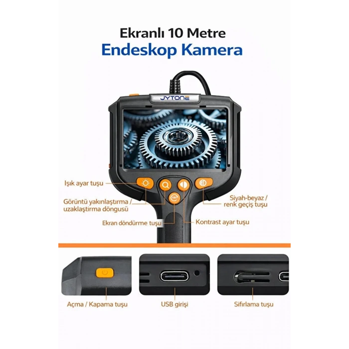 Monitörlü Tek Kameralı 10 Mt Sert Kablo Yılan Endoskop Kamera 5,5 mm 4.3 ınc Ekran IP67 Su Geçirmez