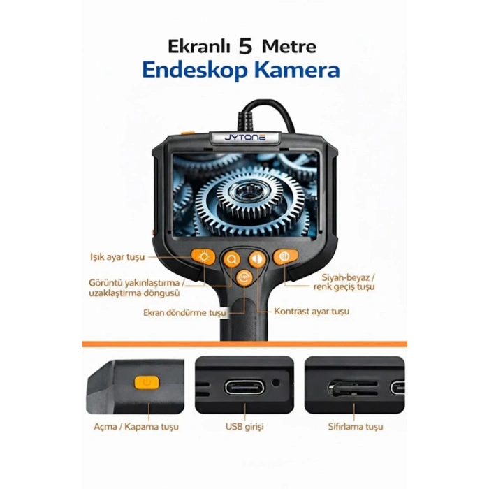 Monitörlü Tek Kameralı 5 Mt Sert Kablo Yılan Endoskop Kamera 5,5 mm 4.3 ınc Ekran IP67 Su Geçirmez