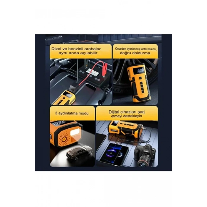 8000 Mah Taşnabilir Dijital Ekranlı Araç Akü Takviyeli,Powerbank,Işıklı Oto Hava Kompresörü