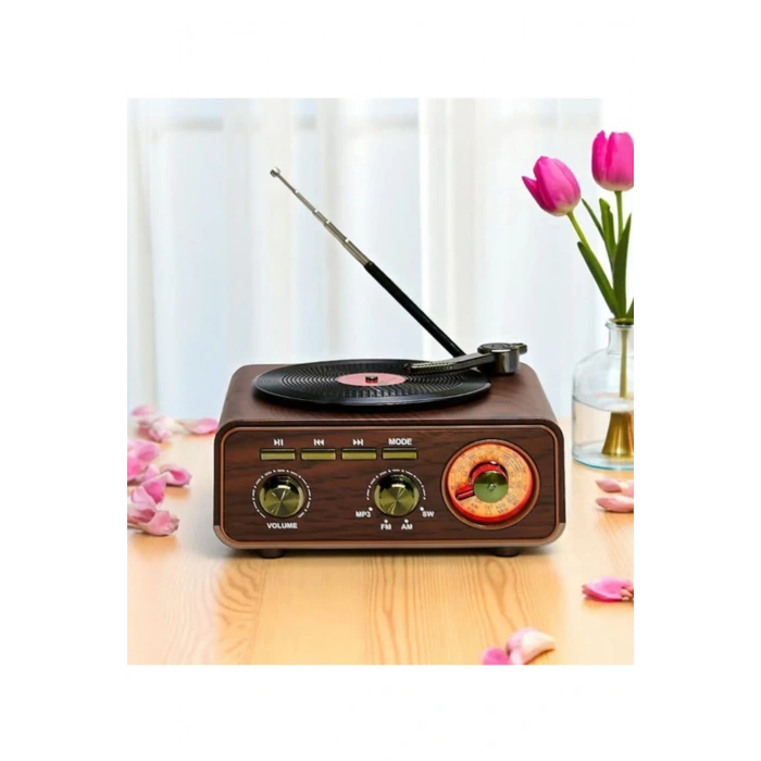 Nostaljik Tasarım Plak Çalar Görünümlü Radyolu Bluetooth Hoparlör Retro Müzik Plak