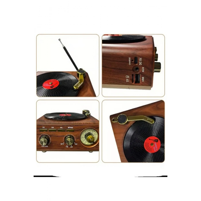 Nostaljik Tasarım Plak Çalar Görünümlü Radyolu Bluetooth Hoparlör Retro Müzik Plak