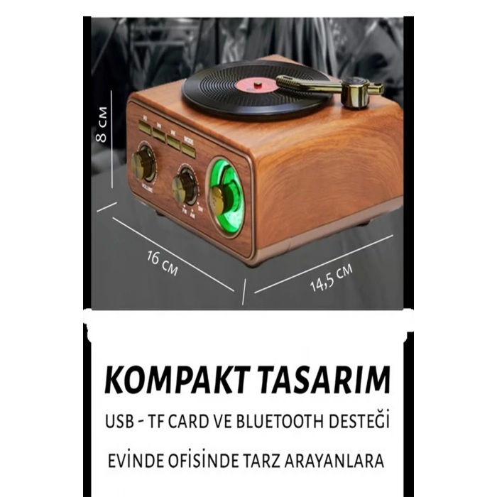 Nostaljik Tasarım Plak Çalar Görünümlü Radyolu Bluetooth Hoparlör Retro Müzik Plak