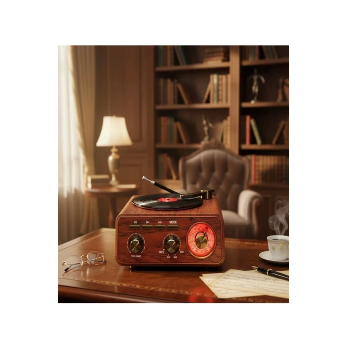 Nostaljik Tasarım Plak Çalar Görünümlü Radyolu Bluetooth Hoparlör Retro Müzik Plak