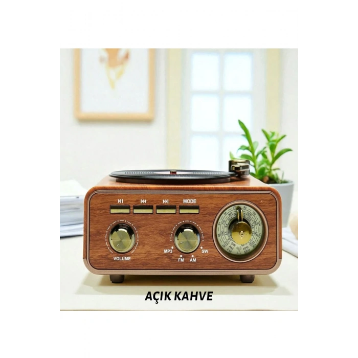 Nostaljik Tasarım Plak Çalar Görünümlü Radyolu Bluetooth Hoparlör Retro Müzik Plak