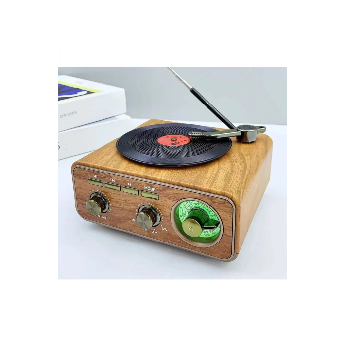 Nostaljik Tasarım Plak Çalar Görünümlü Radyolu Bluetooth Hoparlör Retro Müzik Plak
