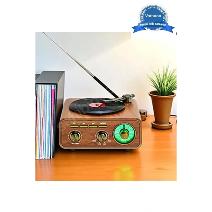 Nostaljik Tasarım Plak Çalar Görünümlü Radyolu Bluetooth Hoparlör Retro Müzik Plak