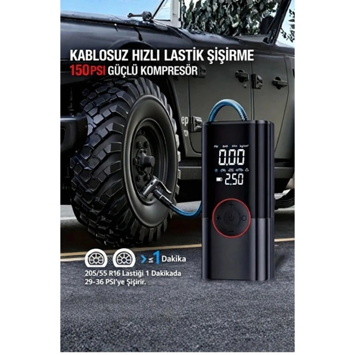 St-9650 Şarjlı 10.000 Mah Taşınabilir Araç Hava Kompresörü Akü Takviyeli Dijital Ekranlı Işıklı Çantalı
