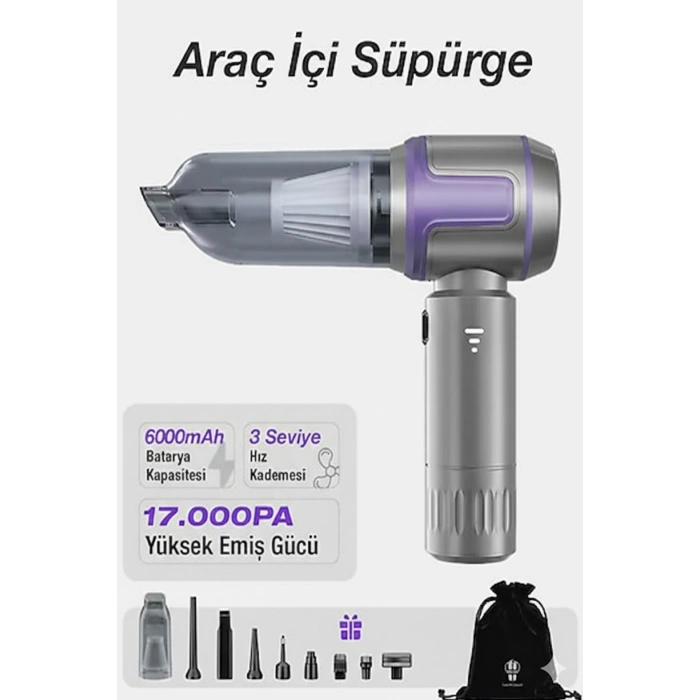 Kablosuz Taşınabilir Araç İçi El Süpürgesi 17000PA Güçlü Vakum 4’ü 1 Arada Çok Amaçlı Temizlik