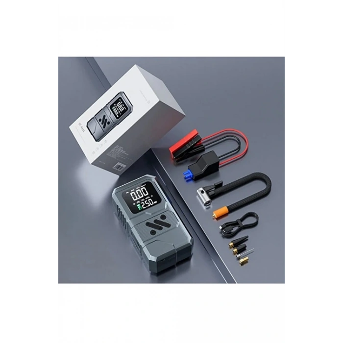 St-9654 Şarjlı 10.000 Mah Taşınabilir Araç Hava Kompresörü Akü Takviyeli Dijital Ekranlı Işıklı