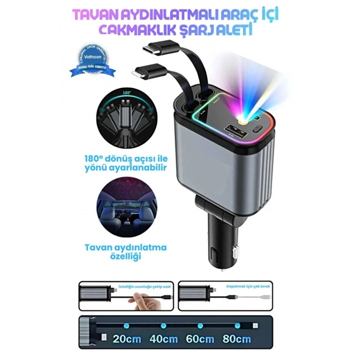 Led Işık Tavan Aydınlatmalı 66W 41 Çift Kablolu Hızlı Şarj 3.4A Araç İçi Çakmaklık Şarj Aleti