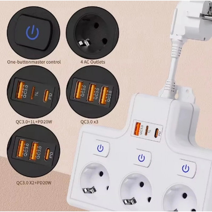 Termal Akım Korumalı 3lü Duvar Tipi Priz 1x USB 2x Type-C Çıkışlı Grup Priz Çoğaltıcı Beyaz (3500W)