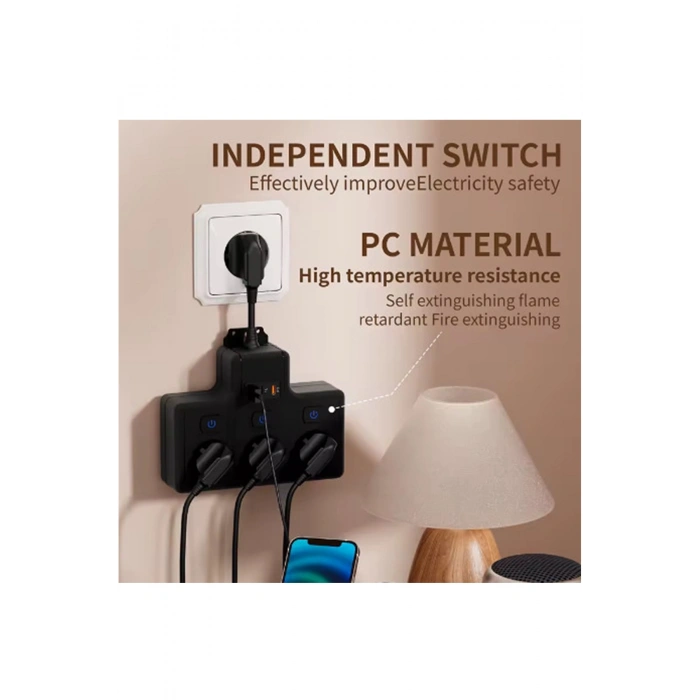 Termal Akım Korumalı 3lü Duvar Tipi Priz 1x USB 2x Type-C Çıkışlı Grup Priz Çoğaltıcı Beyaz (3500W)