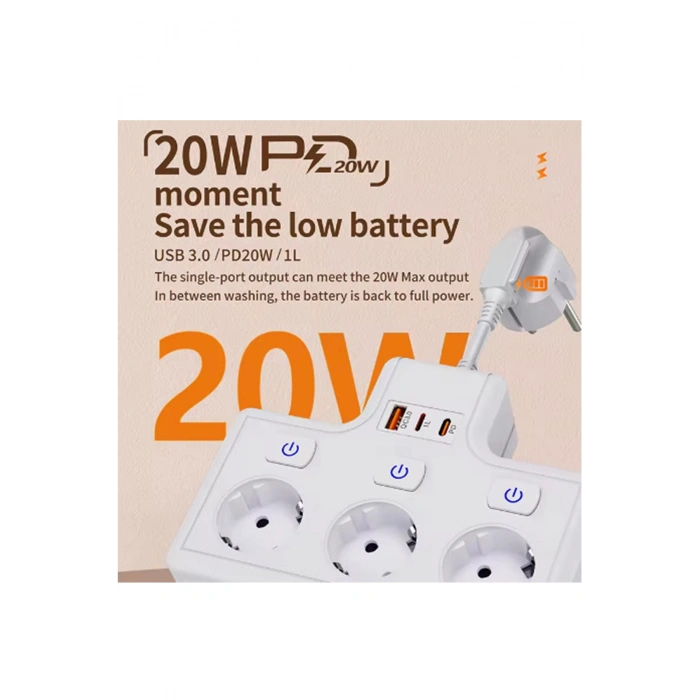 Termal Akım Korumalı 3lü Duvar Tipi Priz 1x USB 2x Type-C Çıkışlı Grup Priz Çoğaltıcı Beyaz (3500W)
