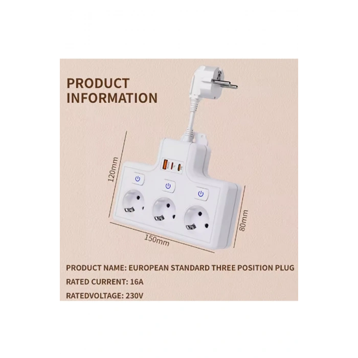 Termal Akım Korumalı 3lü Duvar Tipi Priz 1x USB 2x Type-C Çıkışlı Grup Priz Çoğaltıcı Beyaz (3500W)