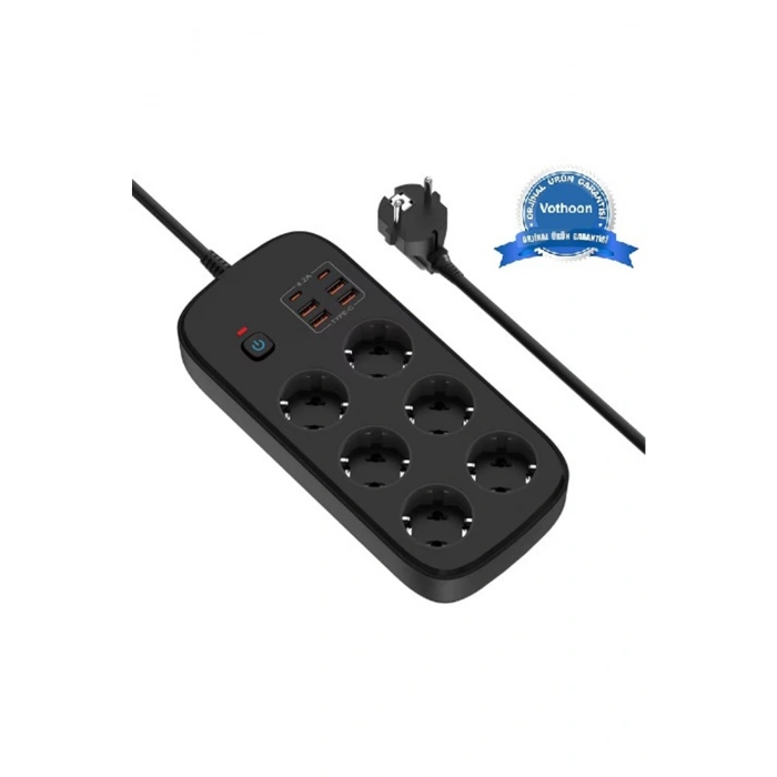Termal Akım Korumalı 6lü Priz 4x USB 2x Type-C Çıkışlı Grup Priz Çoğaltıcı (3500W) Siyah