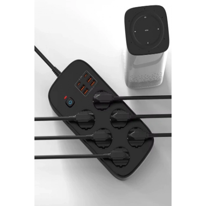 Termal Akım Korumalı 6lü Priz 4x USB 2x Type-C Çıkışlı Grup Priz Çoğaltıcı (3500W) Siyah