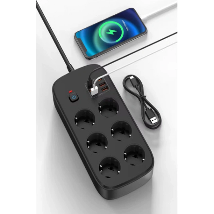 Termal Akım Korumalı 6lü Priz 4x USB 2x Type-C Çıkışlı Grup Priz Çoğaltıcı (3500W) Siyah