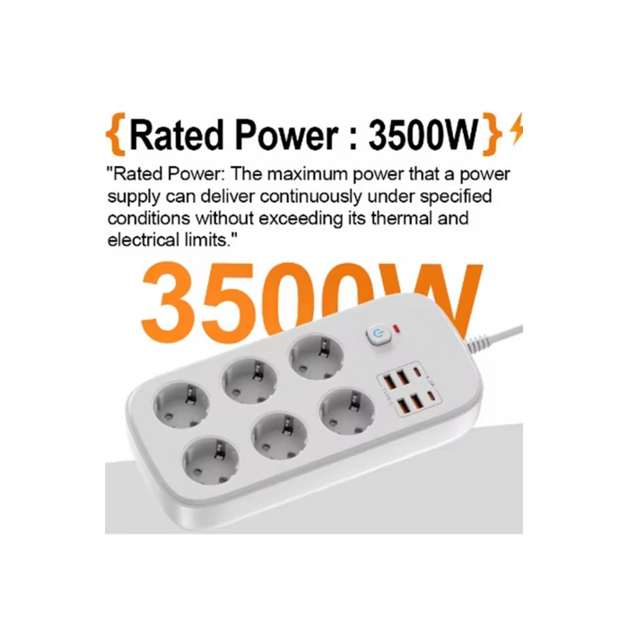 Termal Akım Korumalı 6lü Priz 4x USB 2x Type-C Çıkışlı Grup Priz Çoğaltıcı (3500W) Siyah