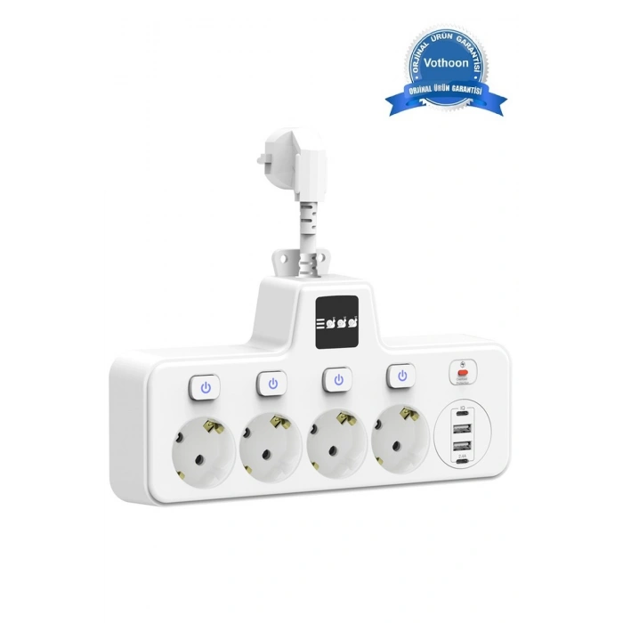 Termal Akım Korumalı 4lü Duvar Tipi Priz 2x USB 2x Type-C Çıkışlı Grup Priz Çoğaltıcı Beyaz (2500W)