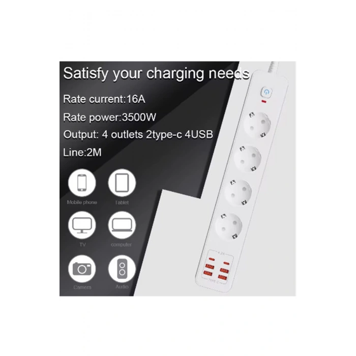 Termal Akım Korumalı 4lü Priz 4x USB 2x Type-C Çıkışlı Grup Priz Çoğaltıcı (3500W)