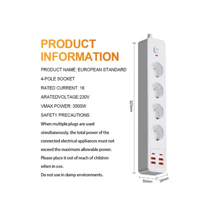 Termal Akım Korumalı 4lü Priz 4x USB 2x Type-C Çıkışlı Grup Priz Çoğaltıcı (3500W)