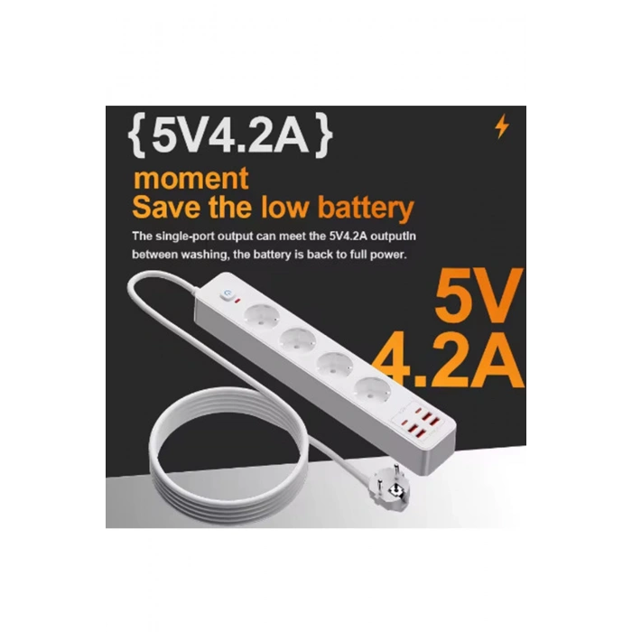 Termal Akım Korumalı 4lü Priz 4x USB 2x Type-C Çıkışlı Grup Priz Çoğaltıcı (3500W)