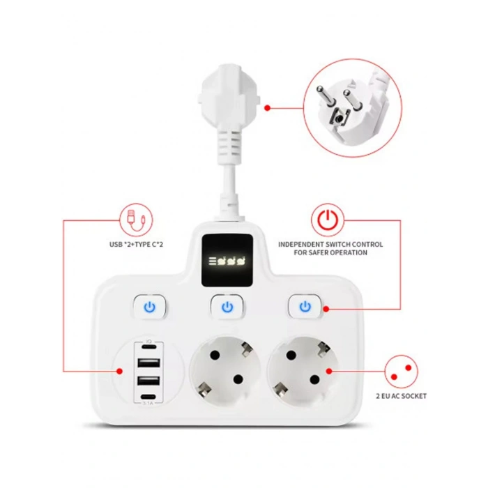 Termal Akım Korumalı 2li Duvar Tipi Priz 2x USB 2x Type-C Çıkışlı Priz Çoğaltıcı Beyaz Çocuk kilit (3250W)