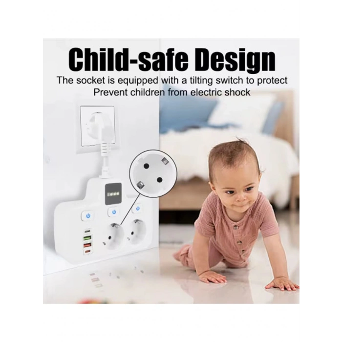 Termal Akım Korumalı 2li Duvar Tipi Priz 2x USB 2x Type-C Çıkışlı Priz Çoğaltıcı Beyaz Çocuk kilit (3250W)