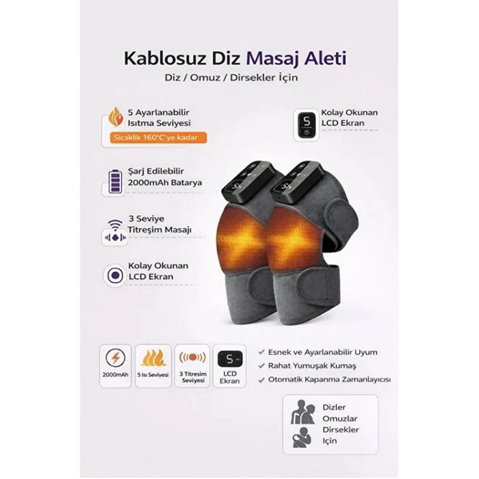 2 Adet Şarjlı Isıtmalı Diz Masaj Aleti – Titreşimli Fizyoterapi Dizlik | Diz Omuz Kol Bacak
