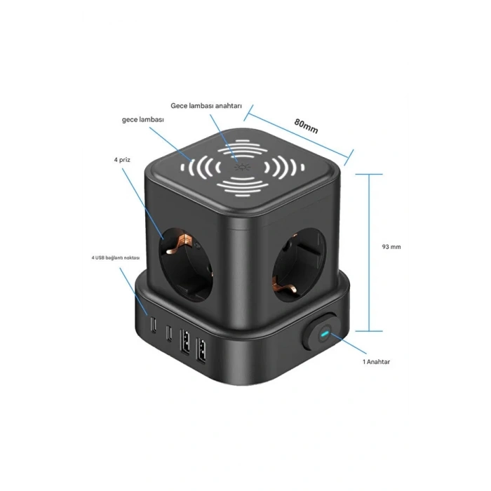 Akım Korumalı 4lü Priz Gece Lambalı 2xUSB 2xType-C Çıkış Yüksek Gerilim Koruma Çoklu Priz Çoğaltıcı